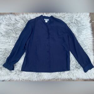 VTG Pendleton Petite Navy Blue Poly Button-Front Blouse Shirt 14